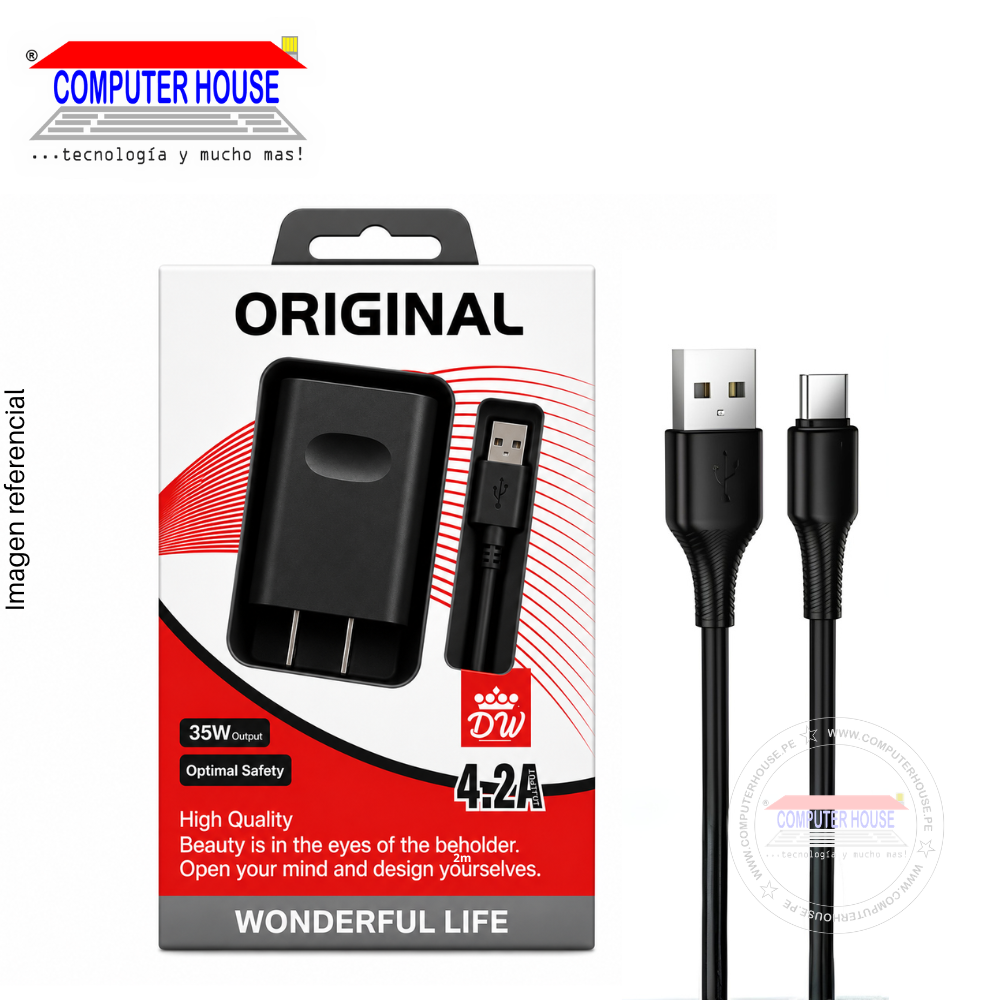 Cargador + Cable USB-A a USB-C, 4.2A, 35W, 1 metro, Negro.