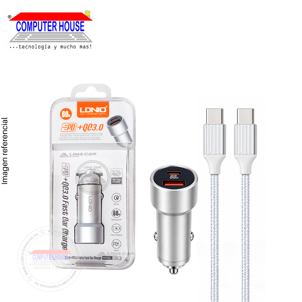 Cargador de Carro LDNIO C302, 60W, PD 30W + QC 30W, Doble puerto USB-C + USB-A, Cable incluido USB-C a USB-C.