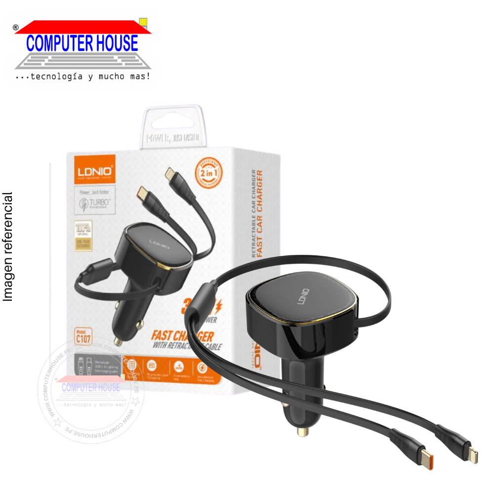 Cargador de Carro LDNIO C107, 30W, Cables Retráctiles USB-C y Lightning, Carga Rápida PD, Negro.