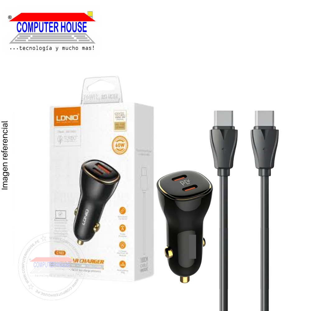 Cargador de Carro LDNIO C104, 60W, Carga Rápida PD + PPS, Doble puerto USB-C, Cable incluido USB-A a USB-C, Negro.