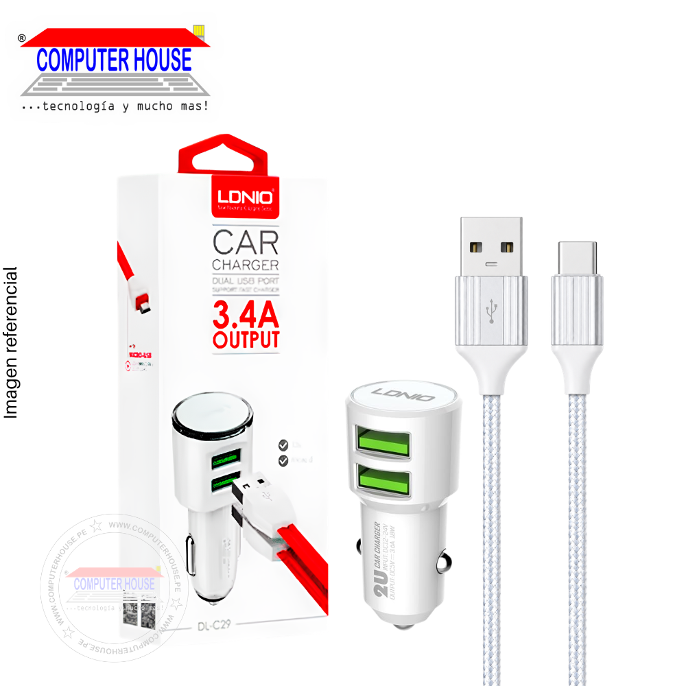 Cargador de Carro LDNIO DL-C29, 17W, Doble puerto USB-A, Cable incluido USB-A a USB-C, Blanco.