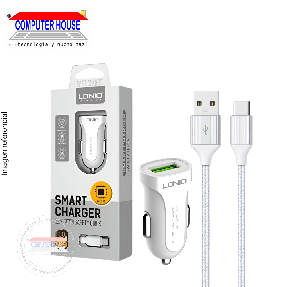 Cargador de Carro LDNIO DL-C17, Quick Charge 3.0, Puerto USB-A, Cable incluido USB-A a USB-C, Blanco.