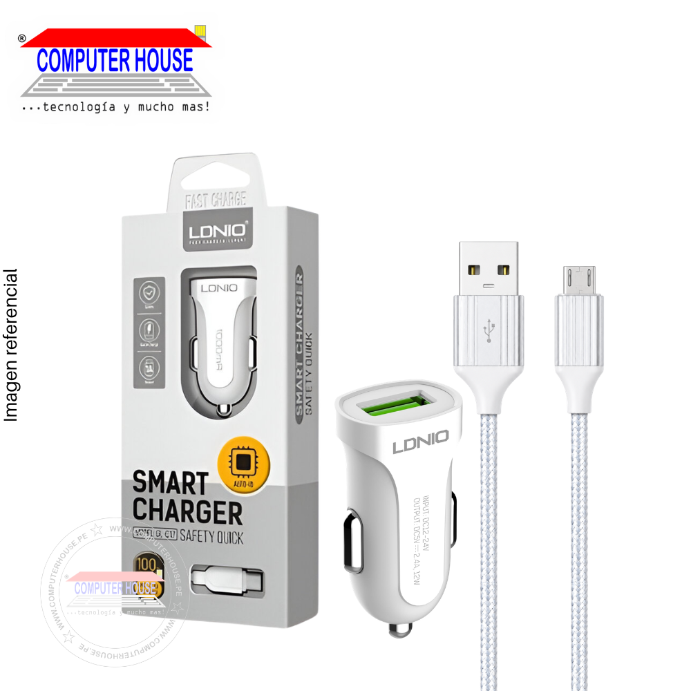 Cargador de Carro LDNIO DL-C17, Quick Charge 3.0, Puerto USB-A, Cable incluido USB-A a Micro USB(V8), Blanco.