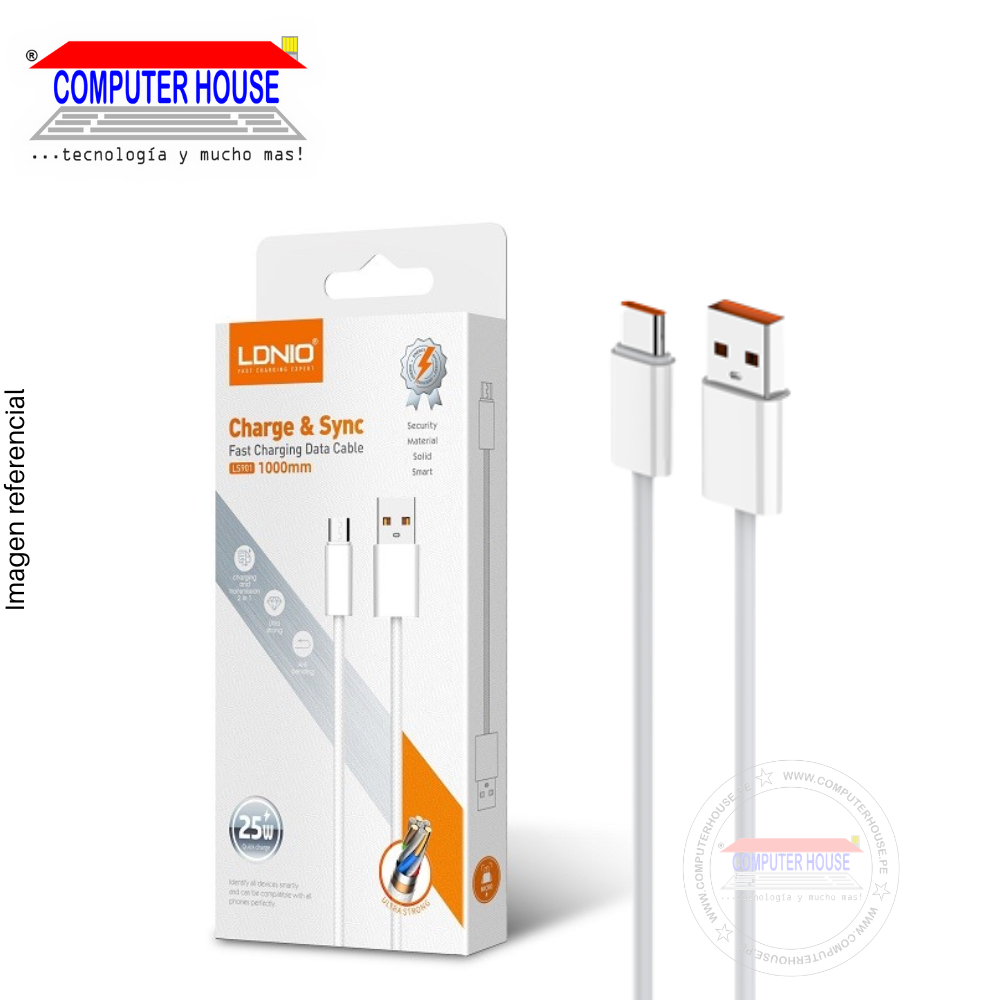 Cable LDNIO LS901 USB-A  a USB-C, Carga Rápida 25W, 1 metro, Blanco.