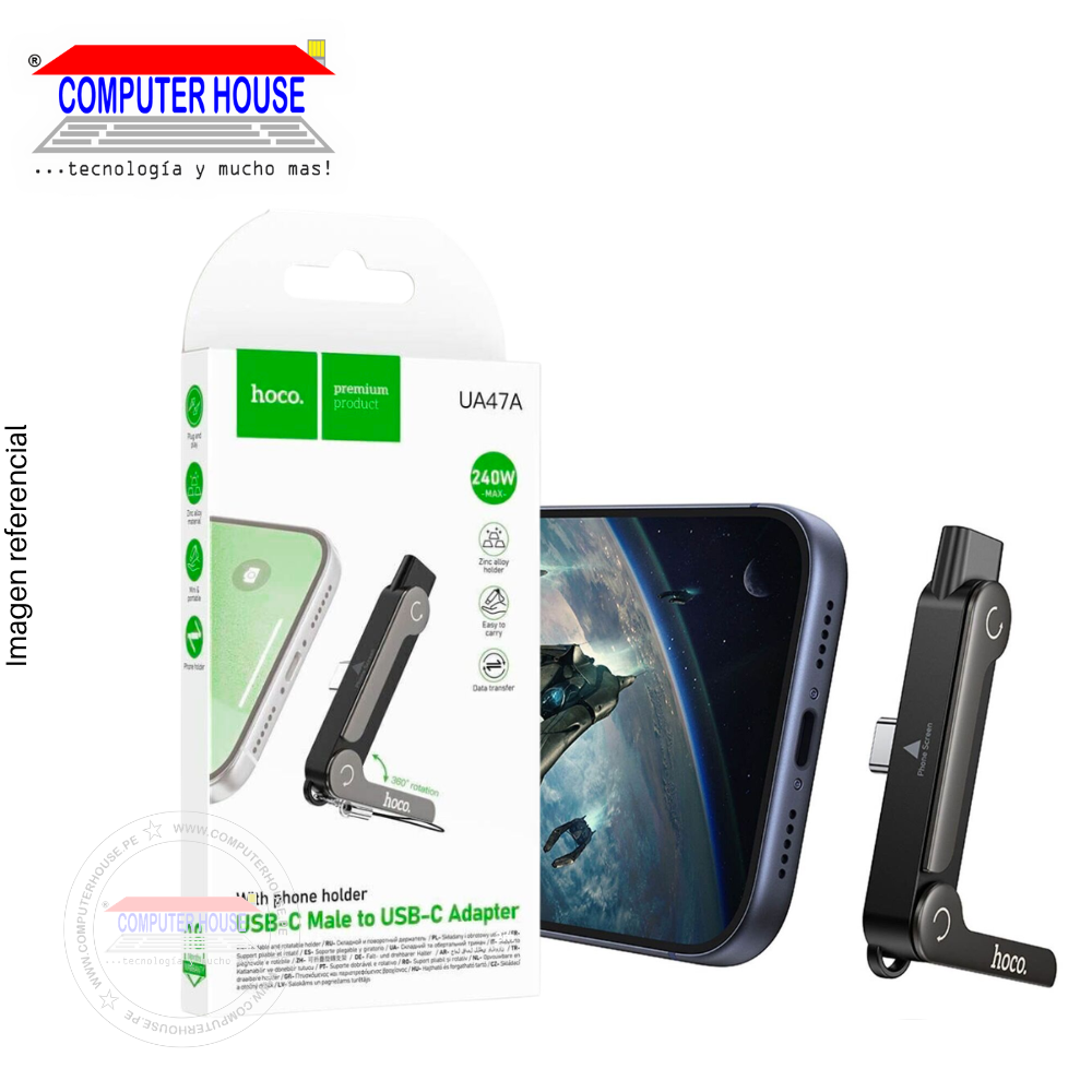 Adaptador HOCO UA47A USB-C Macho a USB-C Hembra, Soporta hasta 240W, con Base Plegable, Negro.