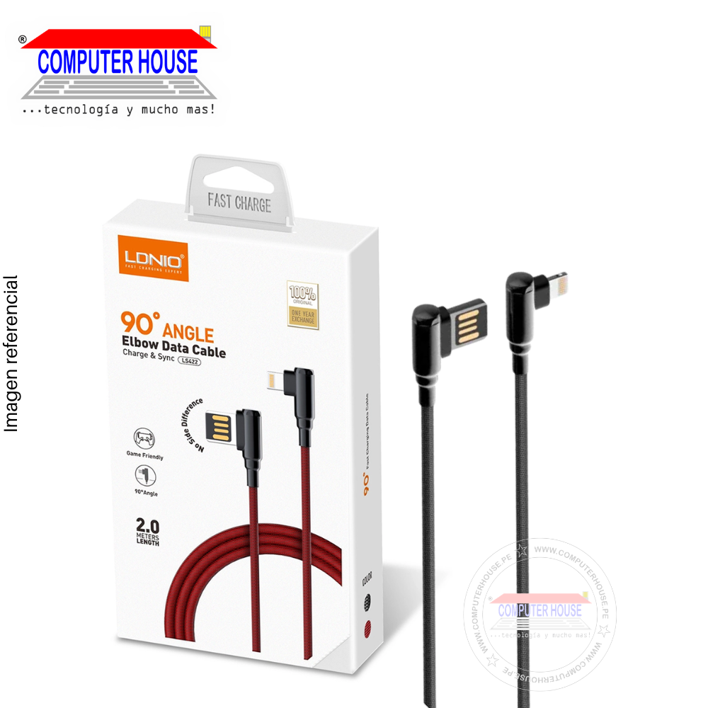 Cable LDNIO LS422 USB-A a Lightning, Angulo 90°, 2 metros, Gris.