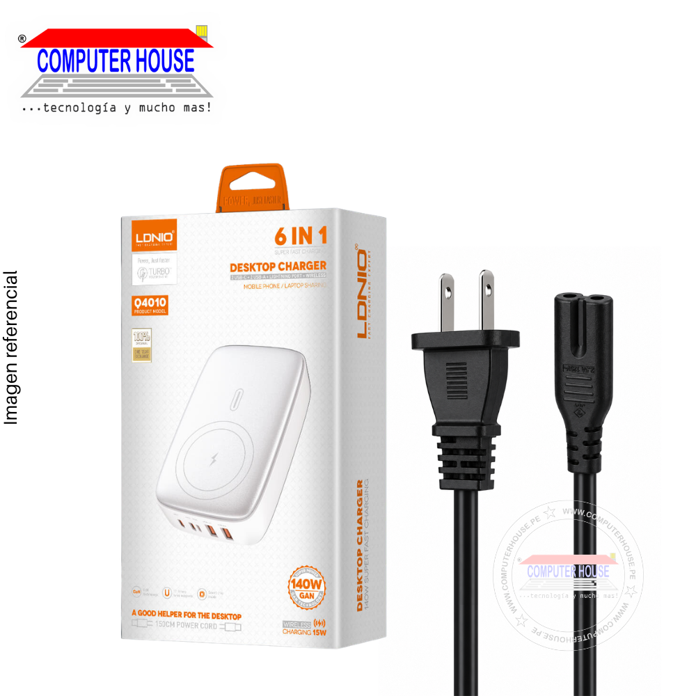 Estación de Carga LDNIO Q4010, 6 en 1, GaN 140W, 6 Puertos (3 USB-C + 3 USB-A), Carga Inalámbrica 15W, 1 metro, Blanco.