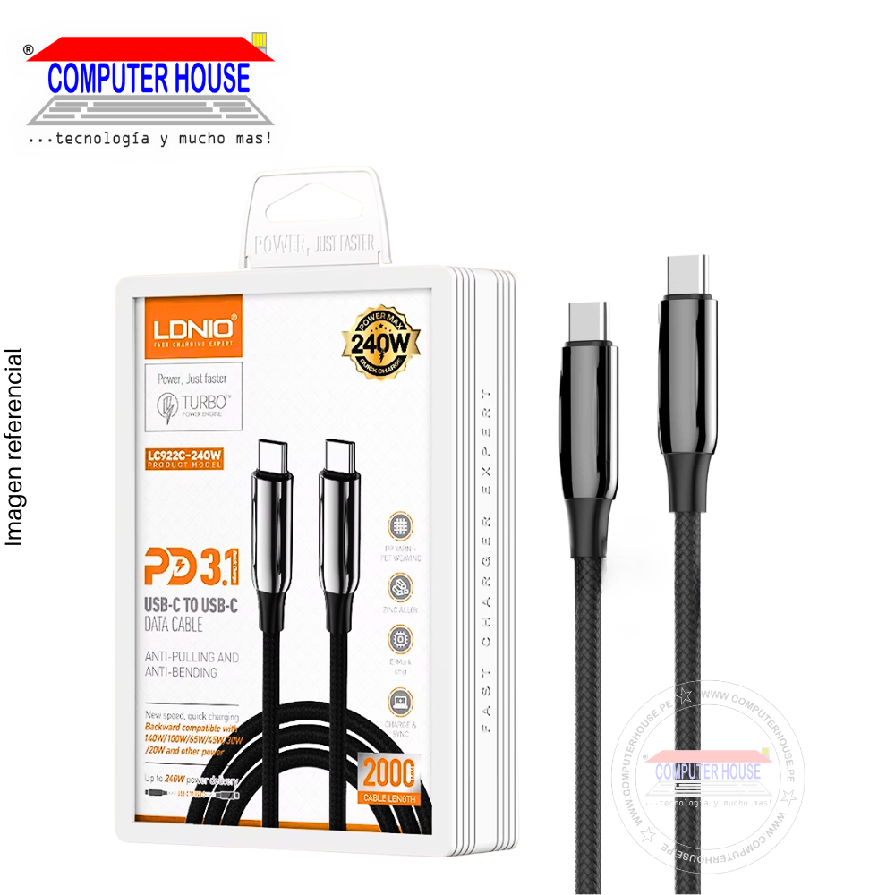 Cable LDNIO LC922C USB-C a USB-C, Carga Ultra Rápida PD 3.1 240W, E-Marker, 2 Metros, Gris.
