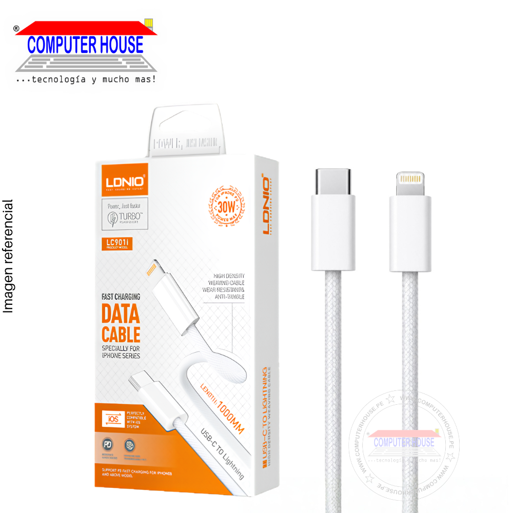 Cable LDNIO LC901L USB-C a Lightning, Carga Rápida PD 30W, 1 metro, Blanco.