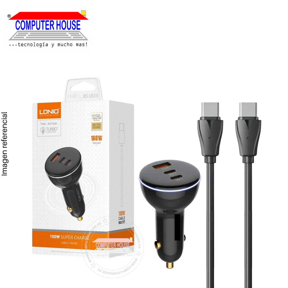 Cargador de Carro LDNIO C102, 160W, Triple puerto 1 USB-A QC4 + 2 USB-C PD, Cable incluido USB-A a USB-C, Negro.