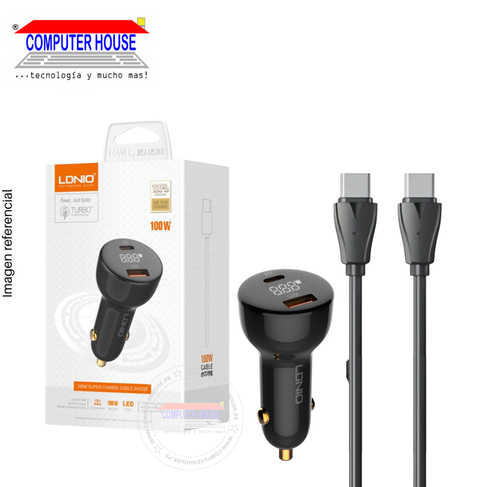 Cargador de Carro LDNIO C101, 100W, USB-A QC4 + USB-C PD, Pantalla LED, Cable incluido USB-C a USB-C, Negro.