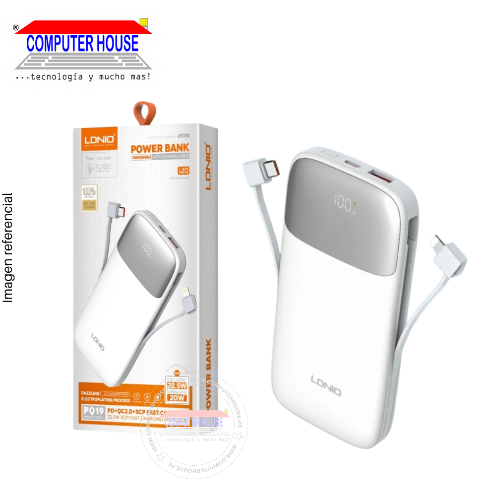 Power Bank LDNIO PQ19, 10000mAh, 22.5W, Puertos de entrada USB-A y USB-C, Cables incluidos USB-C y Lightning, Pantalla LED, Blanco.