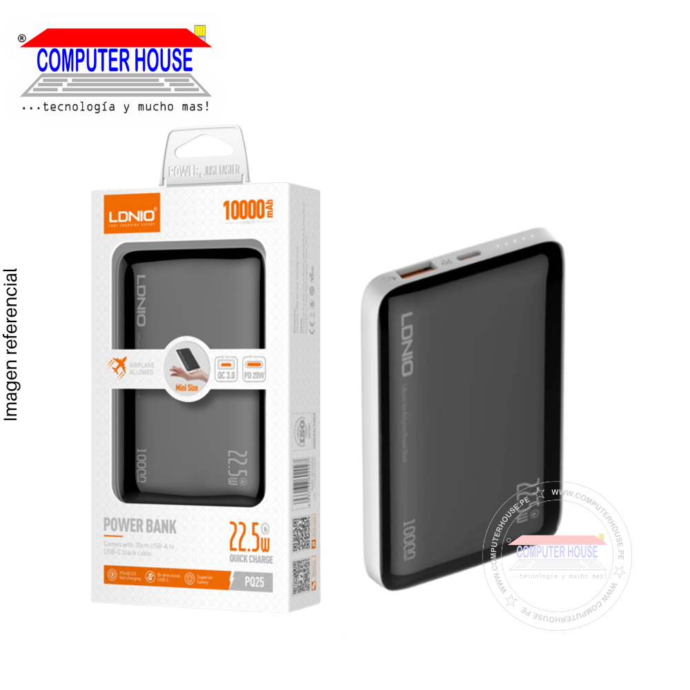 Power Bank LDNIO PQ25, 10000mAh, 22.5W, Puertos de entrada USB-A y USB-C, Puertos de salida USB-A QC + USB-C PD , Pantalla LED, Negro.