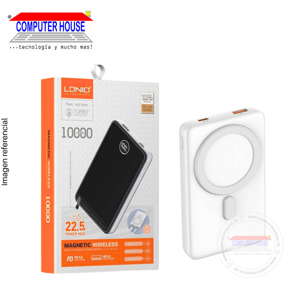 Power Bank LDNIO PQ17, 10000mAh, 22.5W, Puertos de entrada USB-C, Puertos de salida USB-A QC 3.0 + USB-C PD, Carga Inalámbrica 15W, Negro.