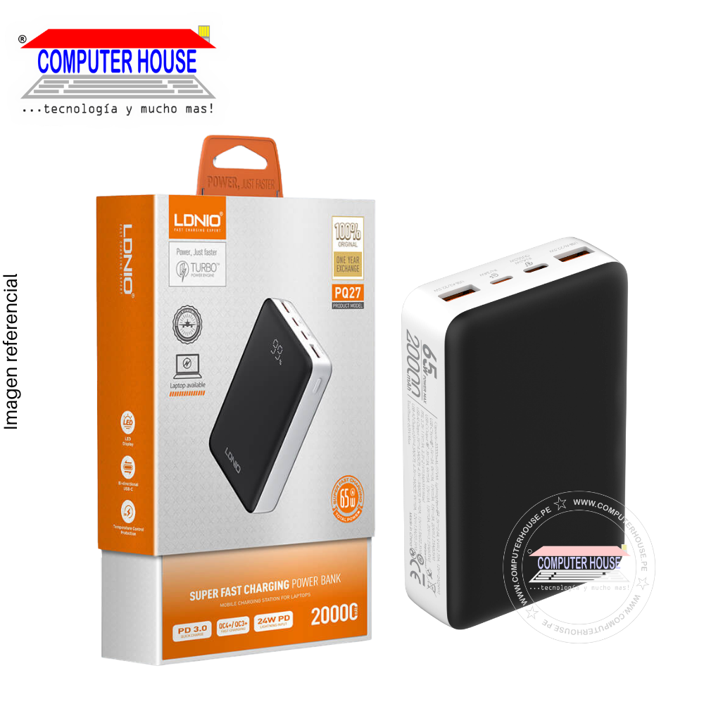 Power Bank LDNIO PQ27, 20000mAh, 65W, USB-C PD Entrada y Salida, 2 USB-A QC de Salida, Lightning de Entrada, Pantalla LED, Negro.