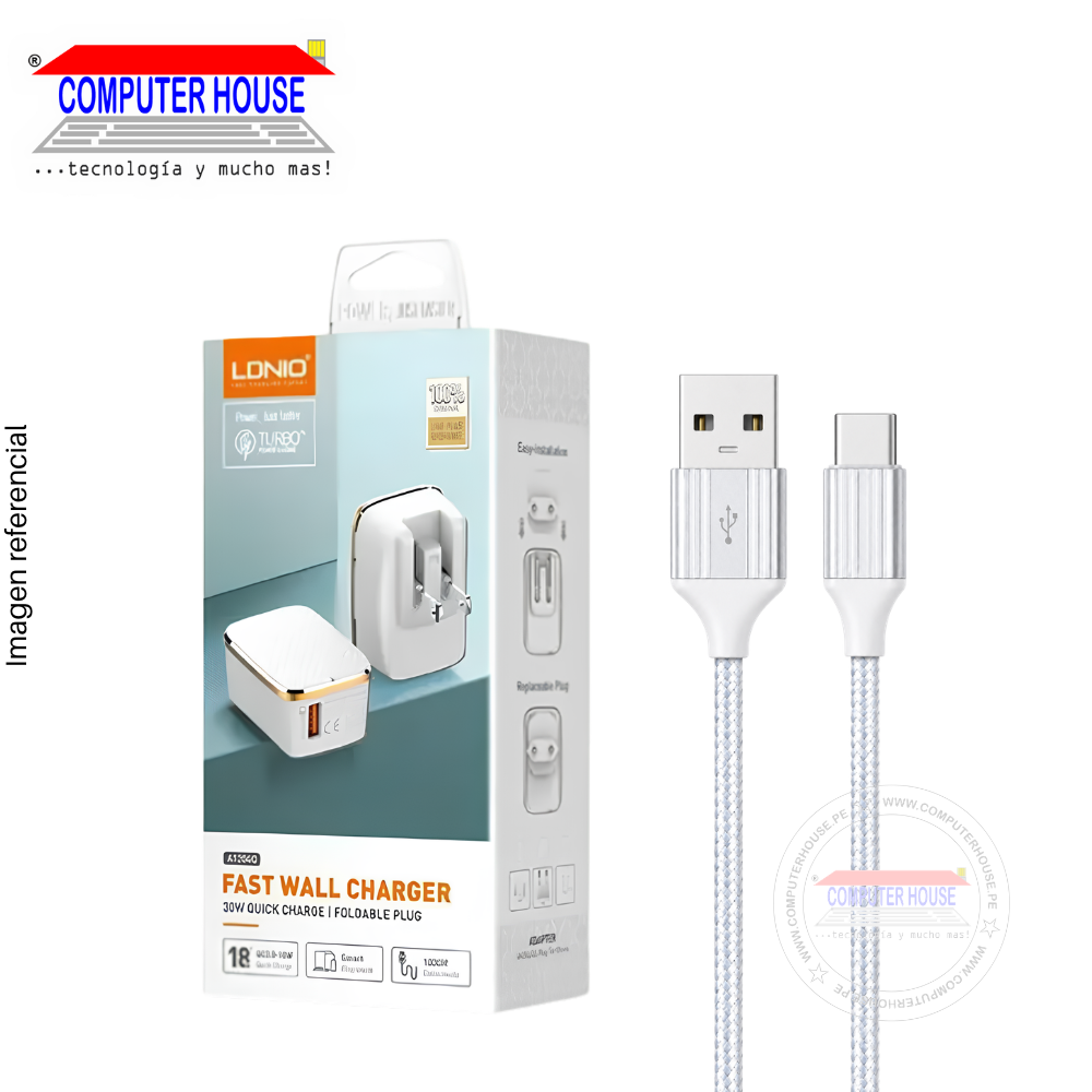 Cargador + Cable LDNIO A1204Q USB-A a USB-C, Quick Charge 3.0 18W,  1 metro, Blanco.