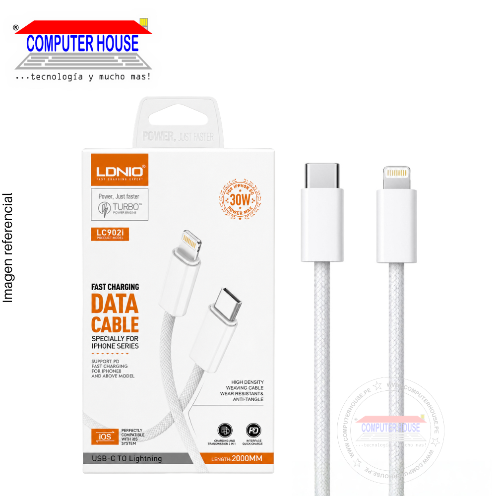 Cable LDNIO LC902L USB-C a Lightning, Carga Rápida PD 30W, 2 metros, Blanco.