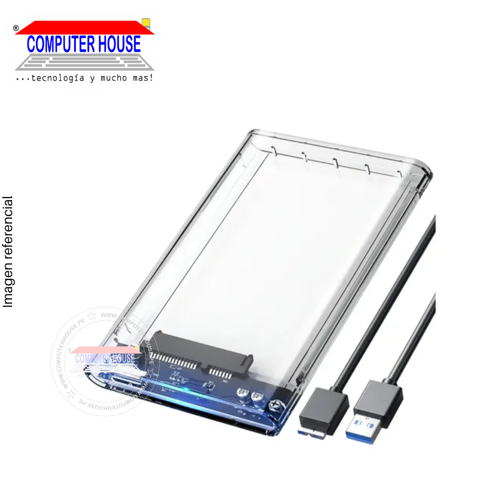 External case for 2.5" HDD/SSD, USB 3.0 / Type C, supports up to 4TB, color: transparent.
