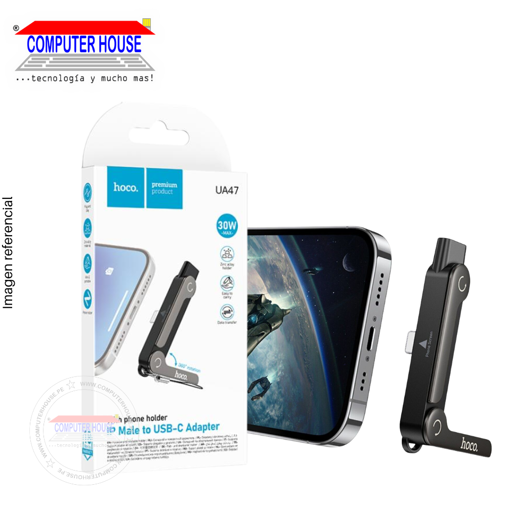 Adaptador HOCO UA47 Lightning Macho a Lightning Hembra, Soporta hasta 27W, con Base Plegable para iPhone, Negro.
