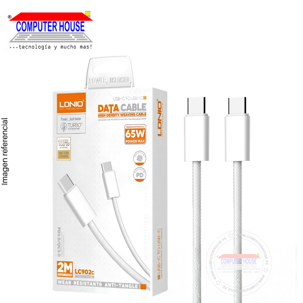 Cable LDNIO LC902C USB-C a USB-C, Carga Rápida PD 65W, 2 metros, Blanco.