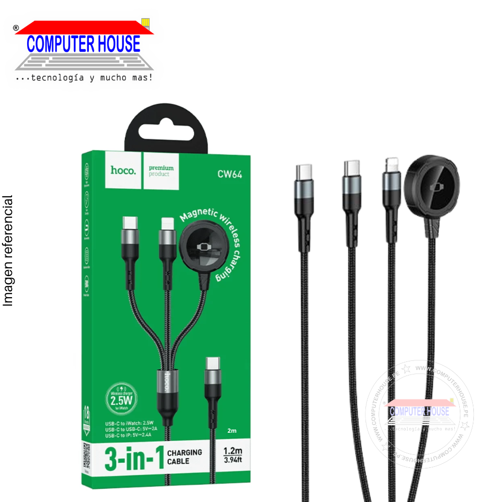 Cable HOCO CW64 3 en 1 USB-C a USB-C + Lightning + Cargador para SmartWatch, 1.2 metros, Negro.