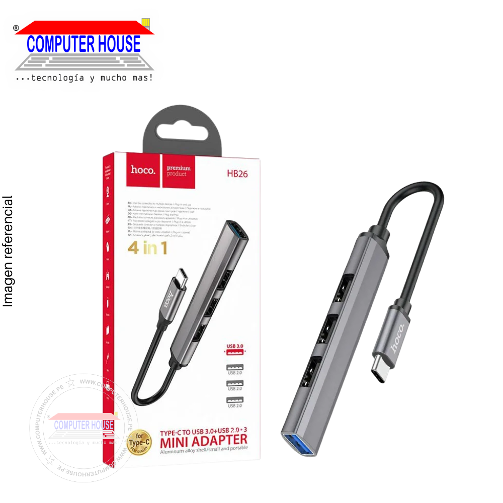 HUB USB Extensión 4 en 1 HOCO HB26 USB-C a USB 3.0 + 3 USB 2.0, OTG, Aluminio, Plata.