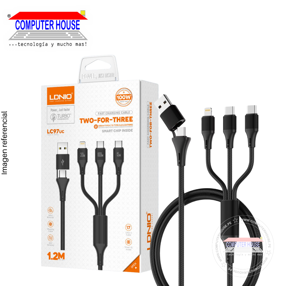 Cable LDNIO LC97UC USB-A + USB-C a 2 USB-C + Lightning, Carga Rápida 100W, 1.2 metros, Negro