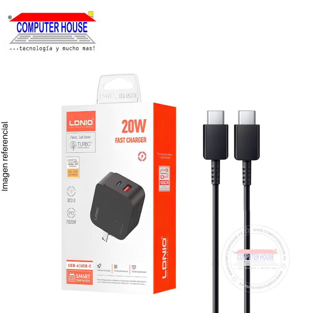 Cargador + Cable LDNIO Q1 USB-C a USB-C, PD + QC 3.0 20W, Doble Puerto USB-A y USB-C, 1 metro, Negro.