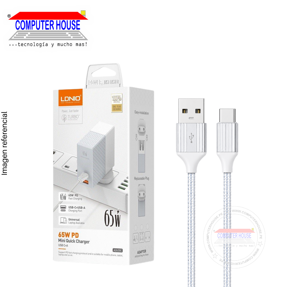 Cargador + Cable LDNIO A2620C USB-A a USB-C, PD 65W + QC 3.0, Doble Puerto USB-C + USB-A,  1 metro, Blanco.