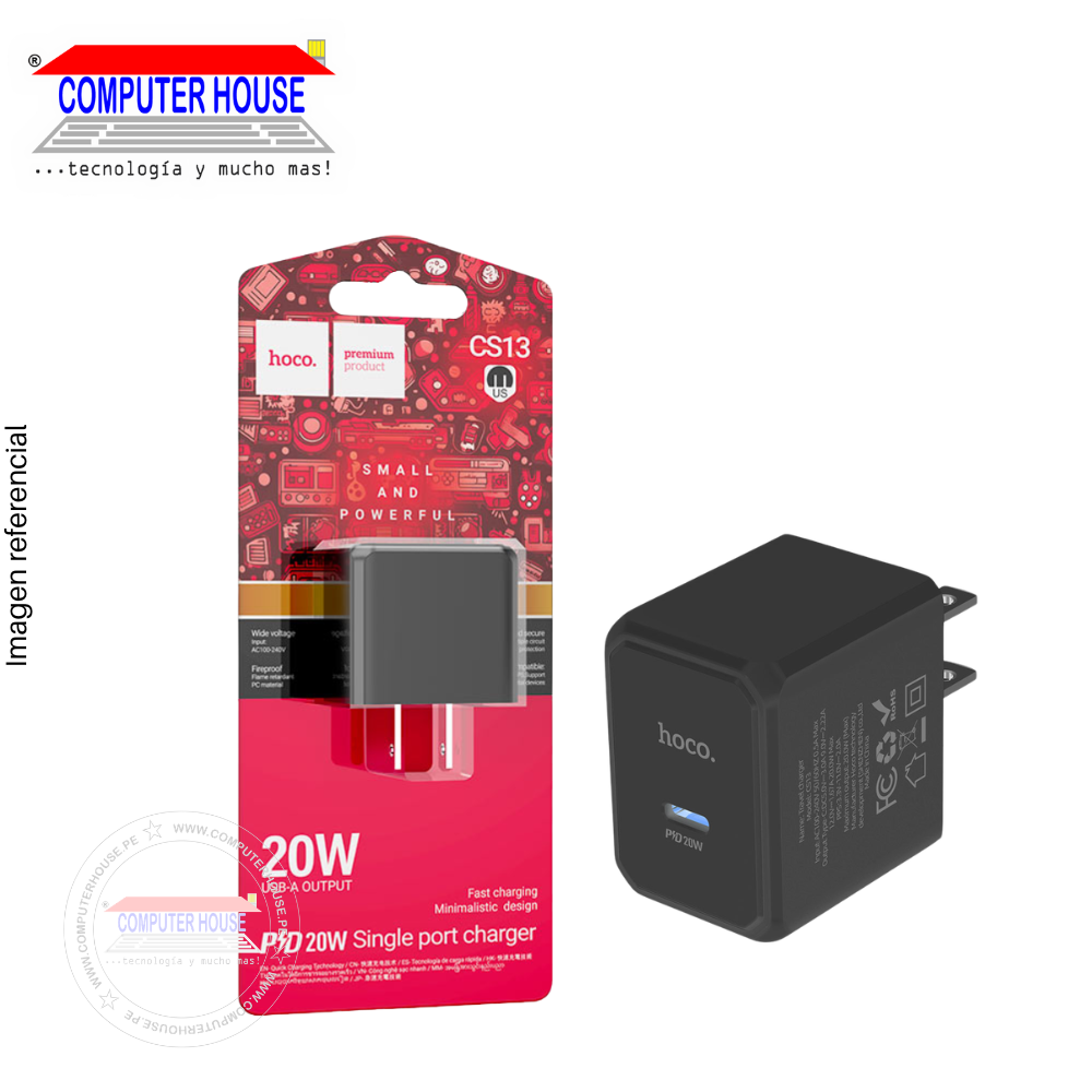 Cargador de Pared HOCO CS13, PD 20W USB-C, Carga Rápida, Negro.