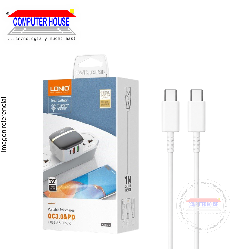 Cargador + Cable LDNIO A3513Q USB-C a USB-C, PD + QC 3.0 32W, 3 Puertos USB-C + 2 USB-A, 1 metro, Blanco.