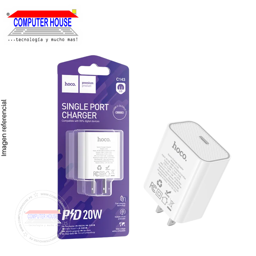 Cargador de Pared HOCO C143 PD 20W USB-C, Carga Rápida, Blanco