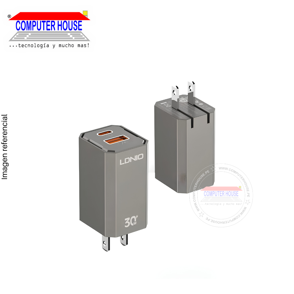 Cargador + Cable LDNIO A2527C USB-C a USB-C, PD + QC 3.0 30W,  Doble Puerto USB-A y USB-C, 1 metro, Gris.