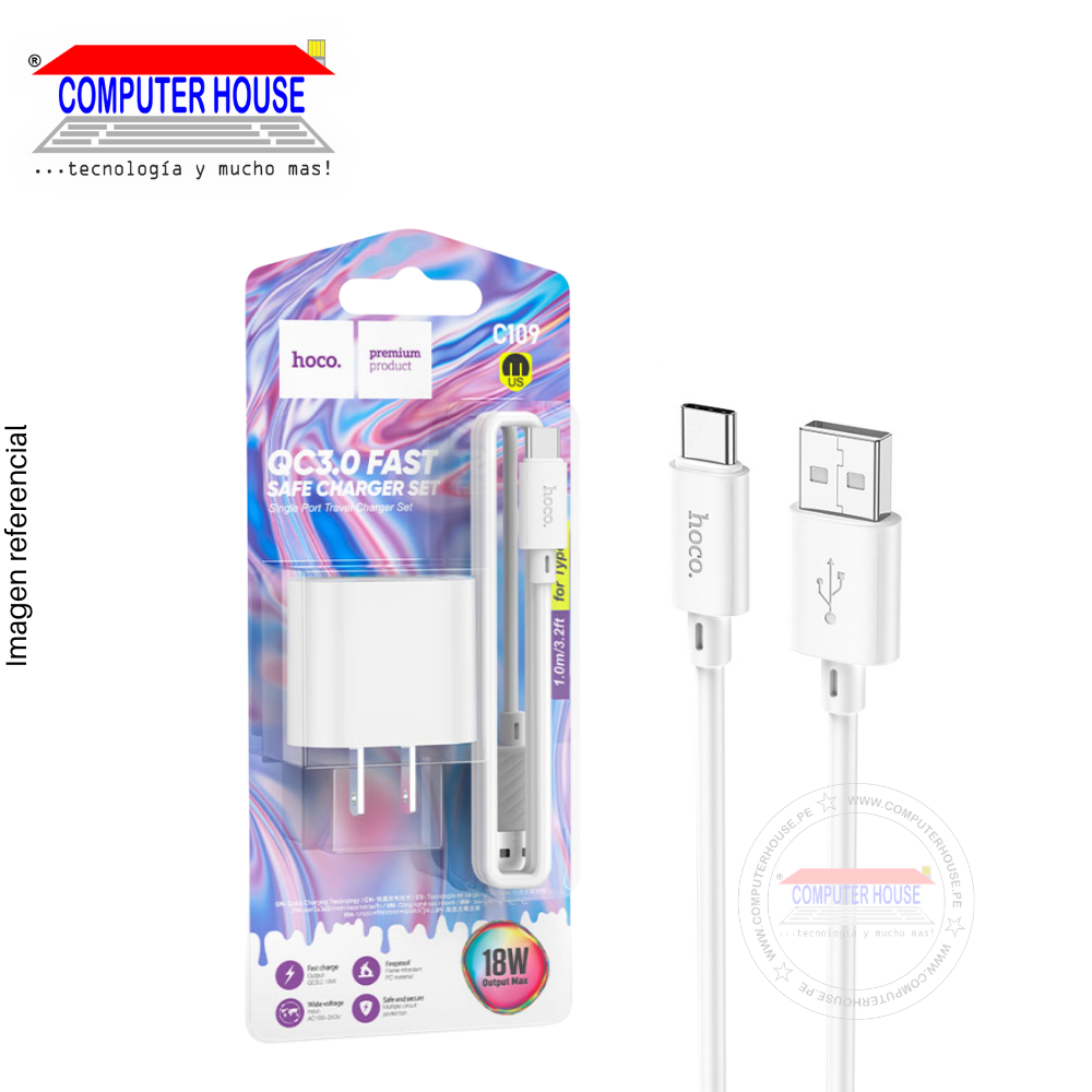 Cargador + Cable HOCO C109 USB-A a USB-C, QC 3.0, 18W, Cable de 1 metro, Blanco.