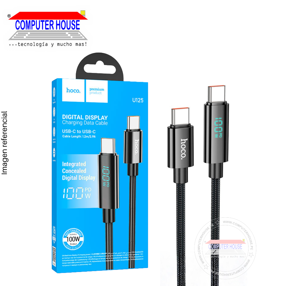 Cable HOCO U125 USB-C a USB-C, Carga Rápida PD 100W, 1 metro, Negro.