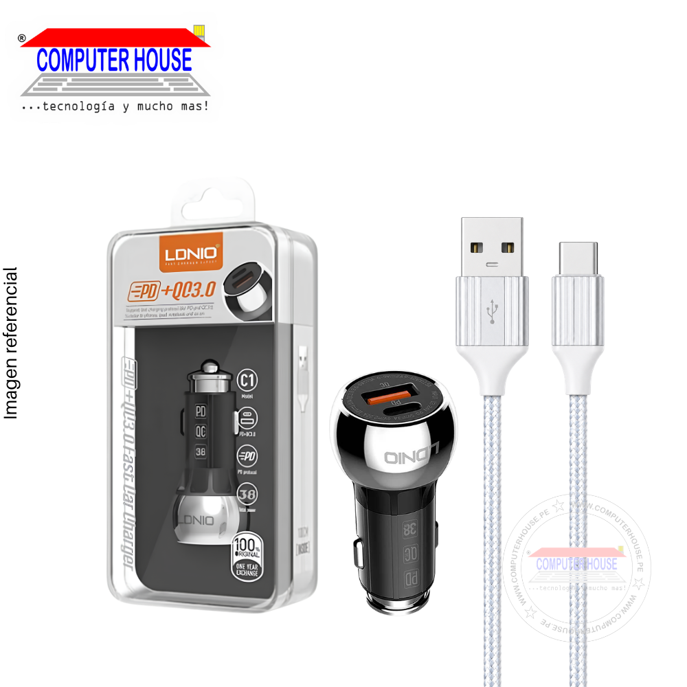 Cargador de Carro LDNIO C1, 36W, PD + QC 3.0, Doble Puerto USB-C + USB-A, Cable incluido USB-A a USB-C, Carcasa de Aleación de Zinc.