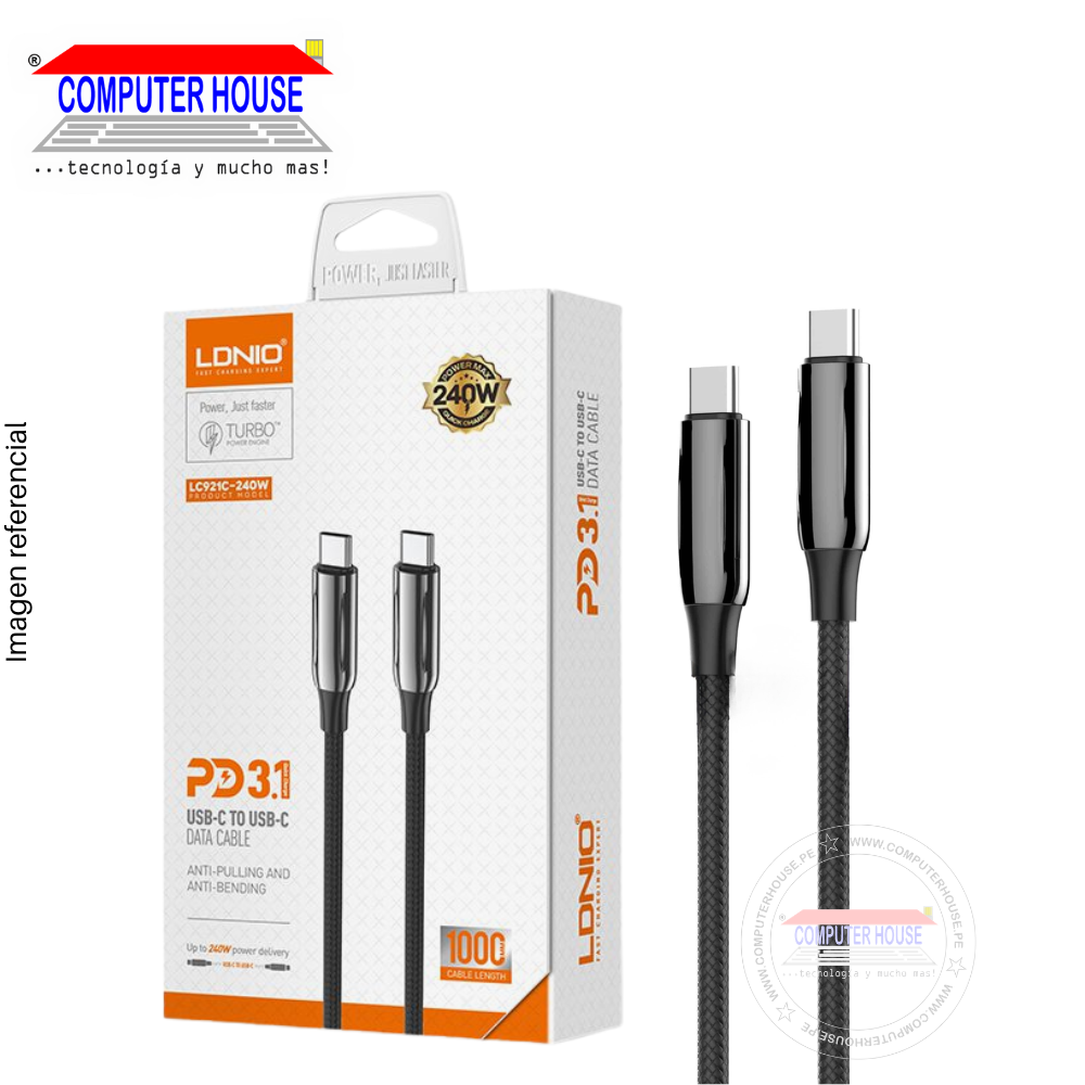 Cable LDNIO LC921C USB-C a USB-C, Carga Ultra Rápida PD 3.1 240W, 1 metro, Gris.