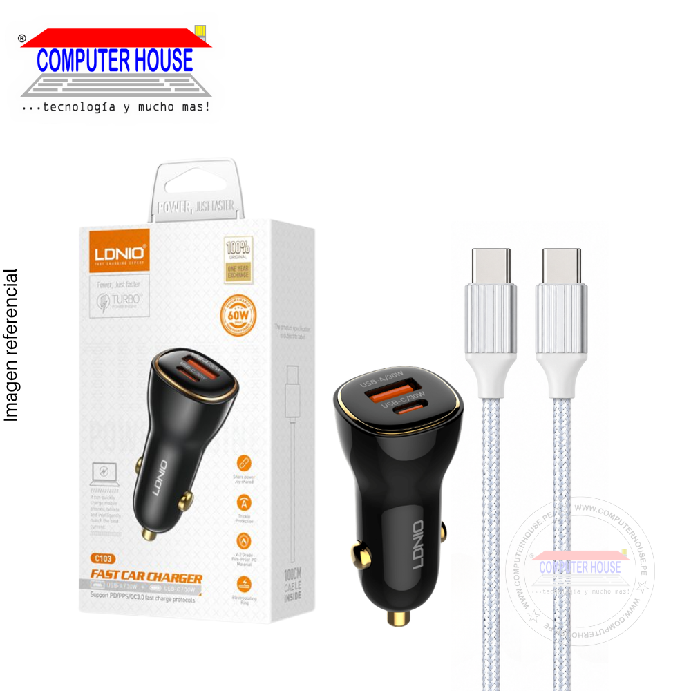 Cargador de Carro LDNIO C103, 60W, PD 30W + QC 30W, Doble puerto USB-C + USB-A, Cable incluido USB-C a USB-C.
