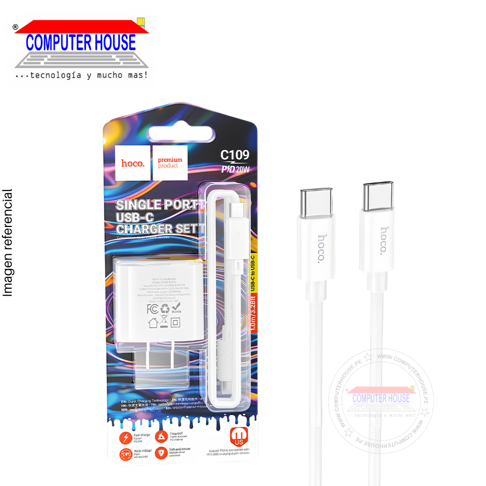 Cargador + Cable HOCO C109 USB-C a USB-C, PD 20W, Cable de 1 metro, Blanco.
