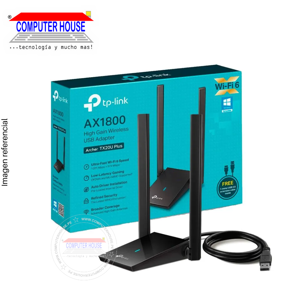 Adaptador WIFI TP-LINK Archer TX20U Plus AX1800,  Doble Banda 2.4GHz (hasta 574Mbps) y 5GHz (hasta 1201Mbps), USB-A.