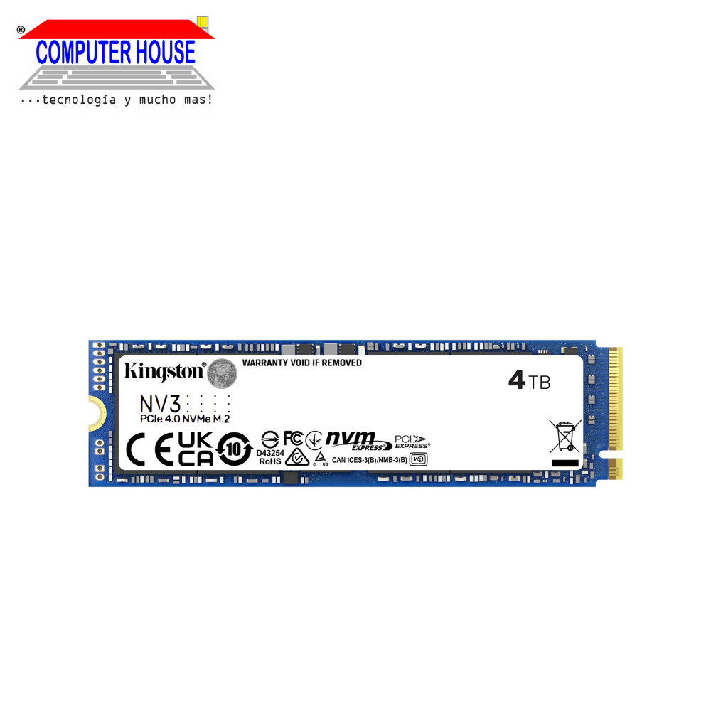 Disco Sólido SSD M.2 NVMe PCIe KINGSTON 4TB, NV3 (Lectura máxima 6000Mb/s, Escritura máxima 5000Mb/s).