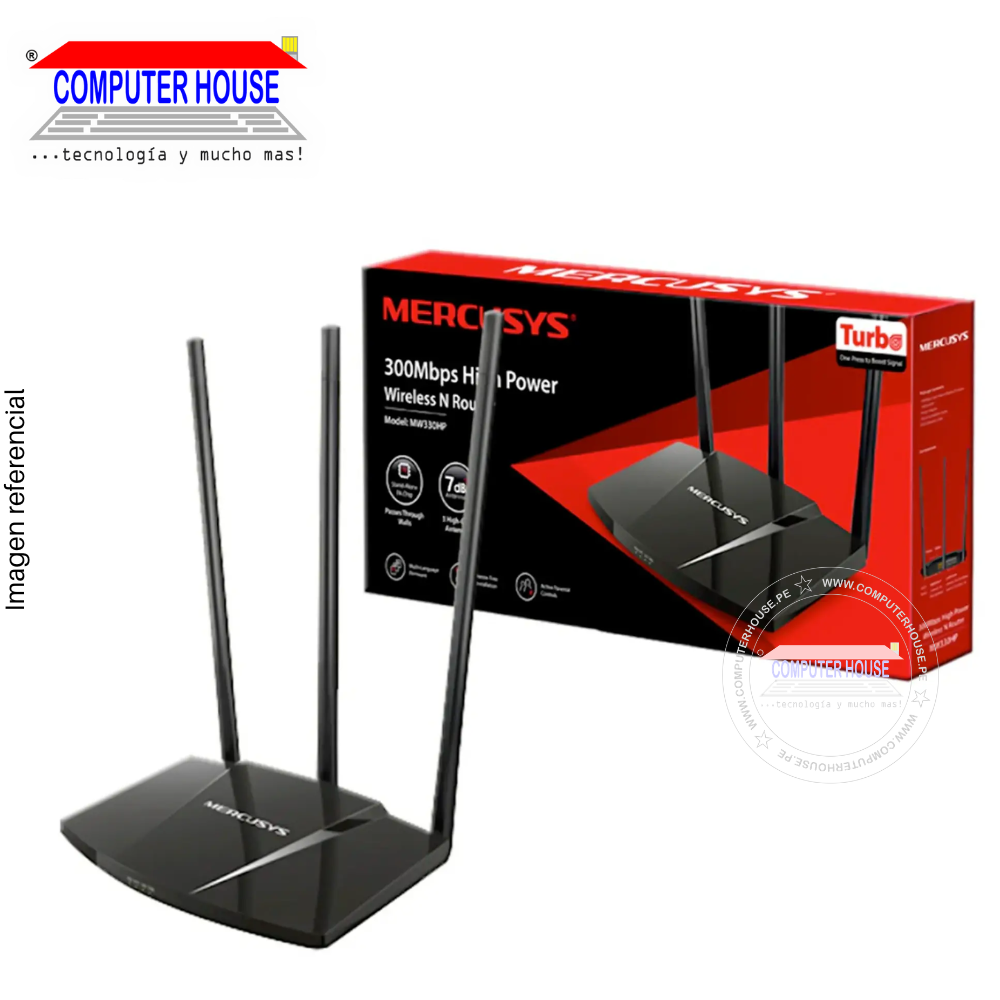 Router MERCUSYS MW330-HP, 3 antenas 7dBi, Banda 2.4GHz (hasta 300Mbps).