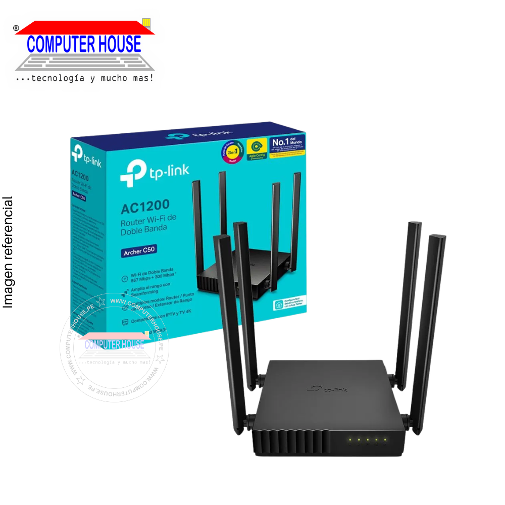 Router TP-LINK Archer C50, AC1200, Wi-Fi 5, Doble Banda 2.4GHz (hasta 300Mbps) y 5GHz (hasta 867Mbps).