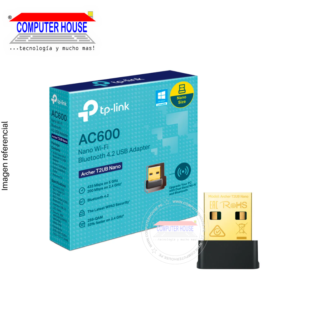 Adaptador WiFi & Bluetooth TP-LINK Archer T2UB Nano, AC600, Doble Banda 2.4GHz (hasta 200Mbps) y 5GHz (hasta 433Mbps) + Bluetooth 4.2.