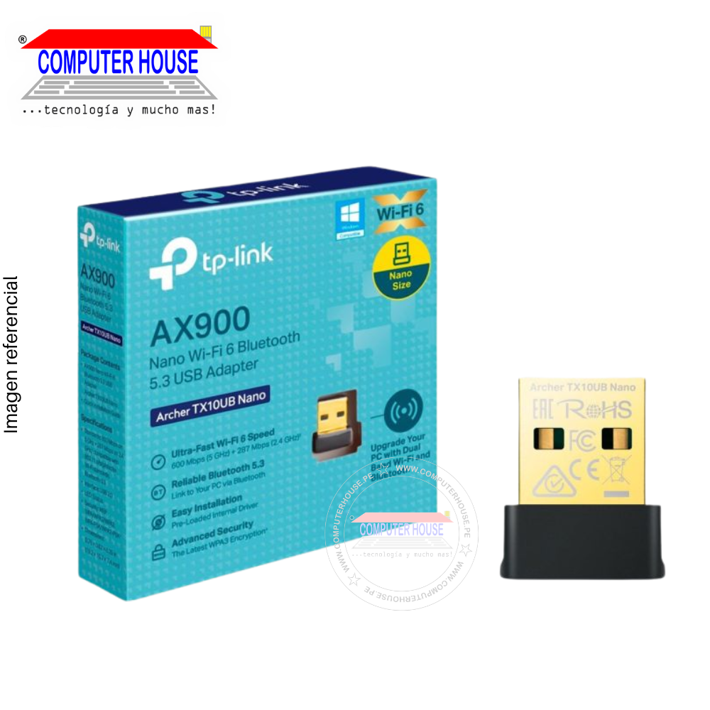 Adaptador WiFi & Bluetooth TP-LINK Archer TX10UB Nano, AX900, Wi-Fi 6, Doble Banda 2.4GHz (hasta 287Mbps) y 5GHz (hasta 600Mbps) + Bluetooth 5.3.