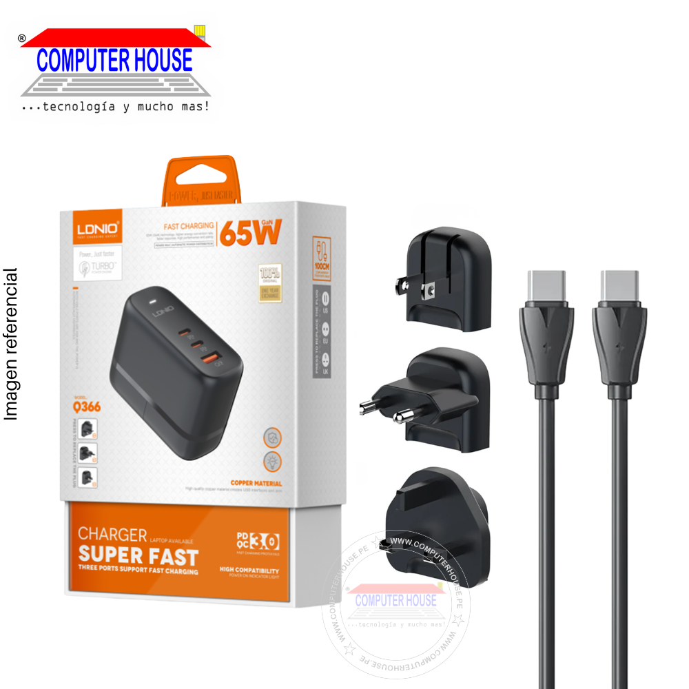 Cargador + Cable LDNIO Q366 USB-C a USB-C, GaN 65W PD + QC 4.0,  3 Puertos USB-A + 2 USB-C, Incluye adaptadores US/EU/UK, 1 metro, Negro.