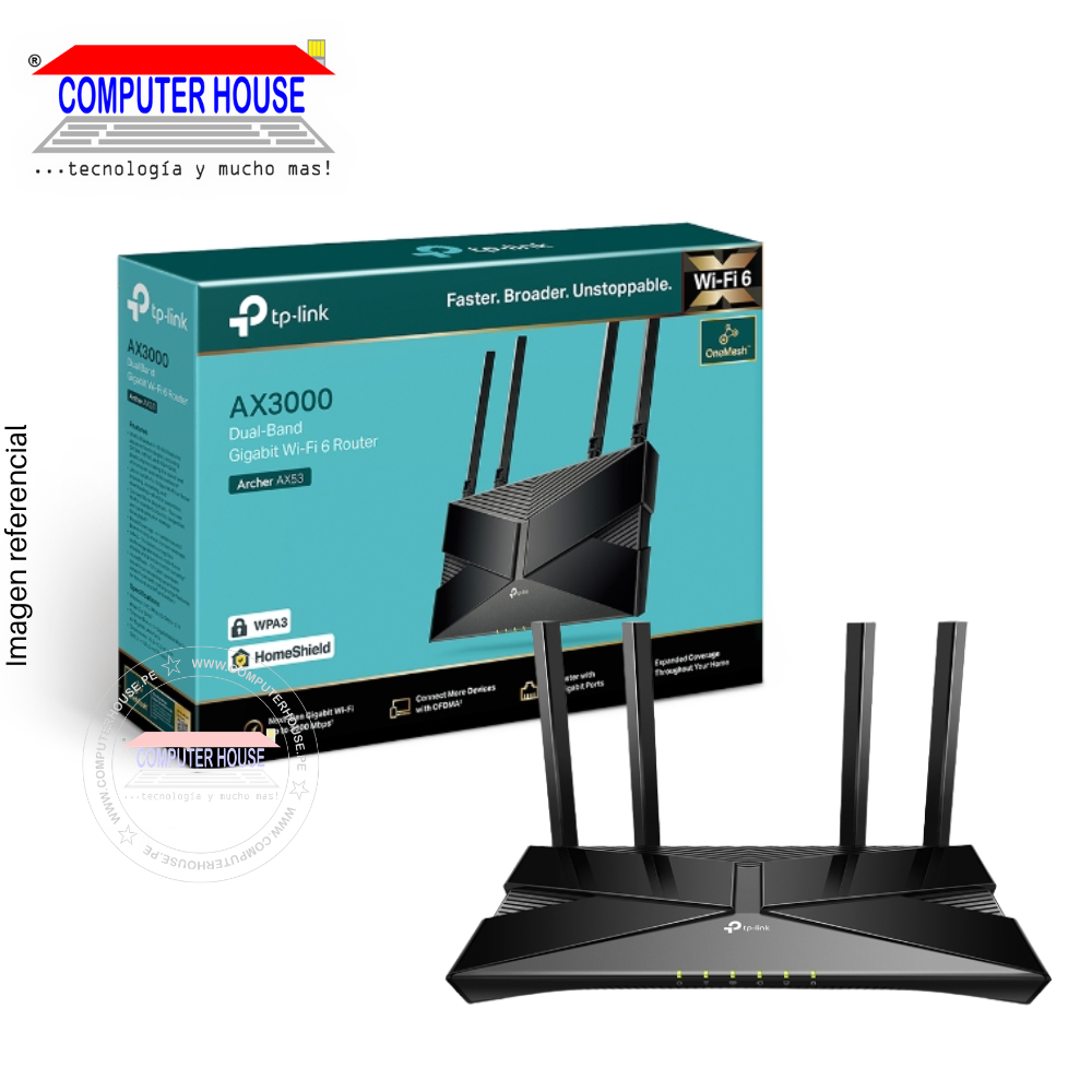 Router TP-Link Archer AX53, AX3000, Wi-Fi 6, Gigabit, Doble Banda 2.4GHz (hasta 574Mbps) y 5GHz (hasta 2402Mbps), OFDMA.