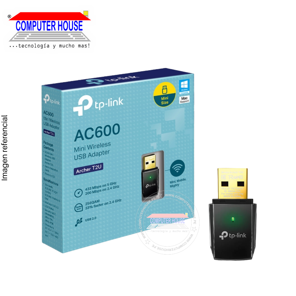 Adaptador WiFi TP-LINK Archer T2U, Wi-Fi 5, AC600, Doble Banda 2.4GHz (hasta 200Mbps) y 5GHz (hasta 433Mbps), USB-A.