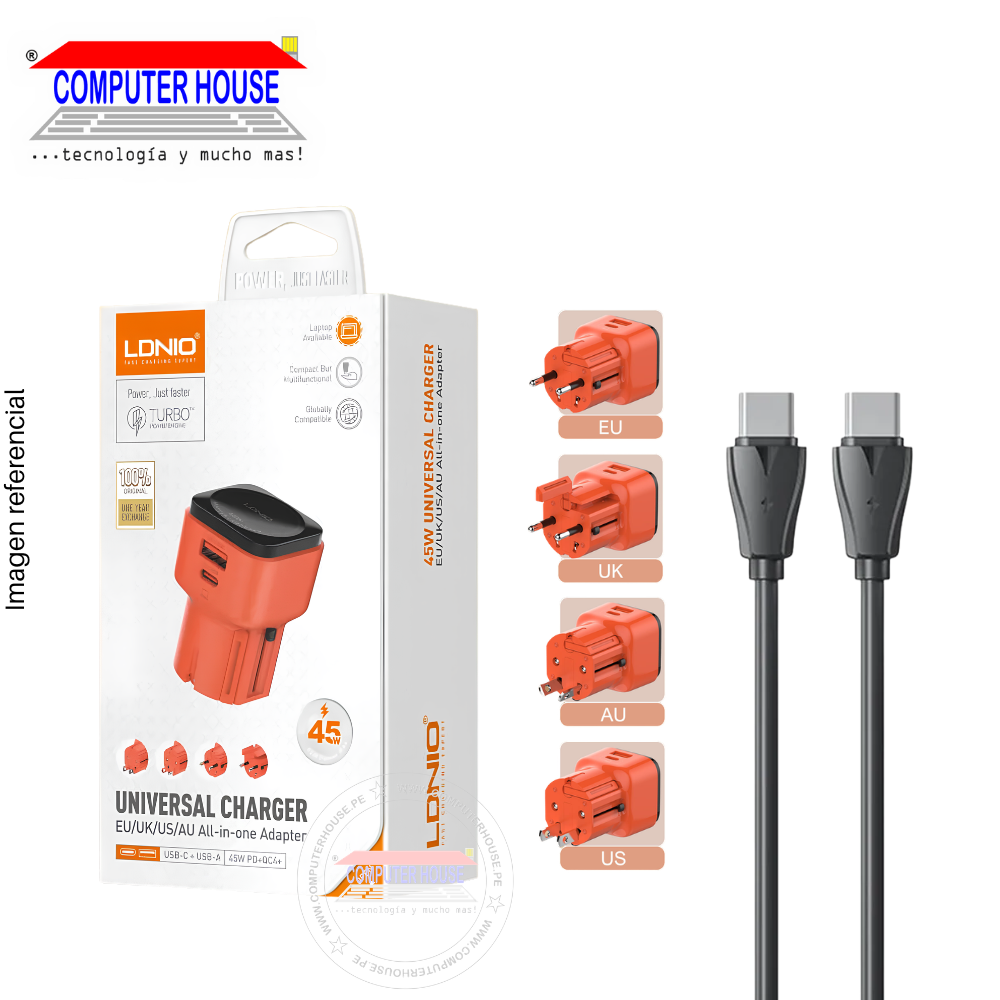Cargador + Cable LDNIO Q2420 USB-C a USB-C, Turbo 45W PD + QC 3.0, Doble Puerto USB-A y USB-C, Incluye adaptadores US/EU/UK/AU, 1 metro, Negro.