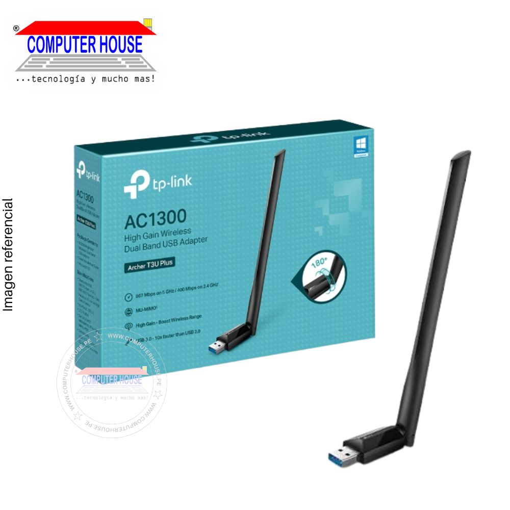 Adaptador WiFi TP-LINK Archer T3U Plus, AC1300, Doble Banda 2.4GHz (hasta 400Mbps) y 5GHz (hasta 867Mbps), USB-A.